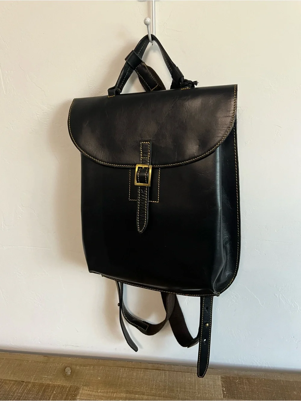 Classic Black Leather Travel Backpack with Brass Buckle Womens